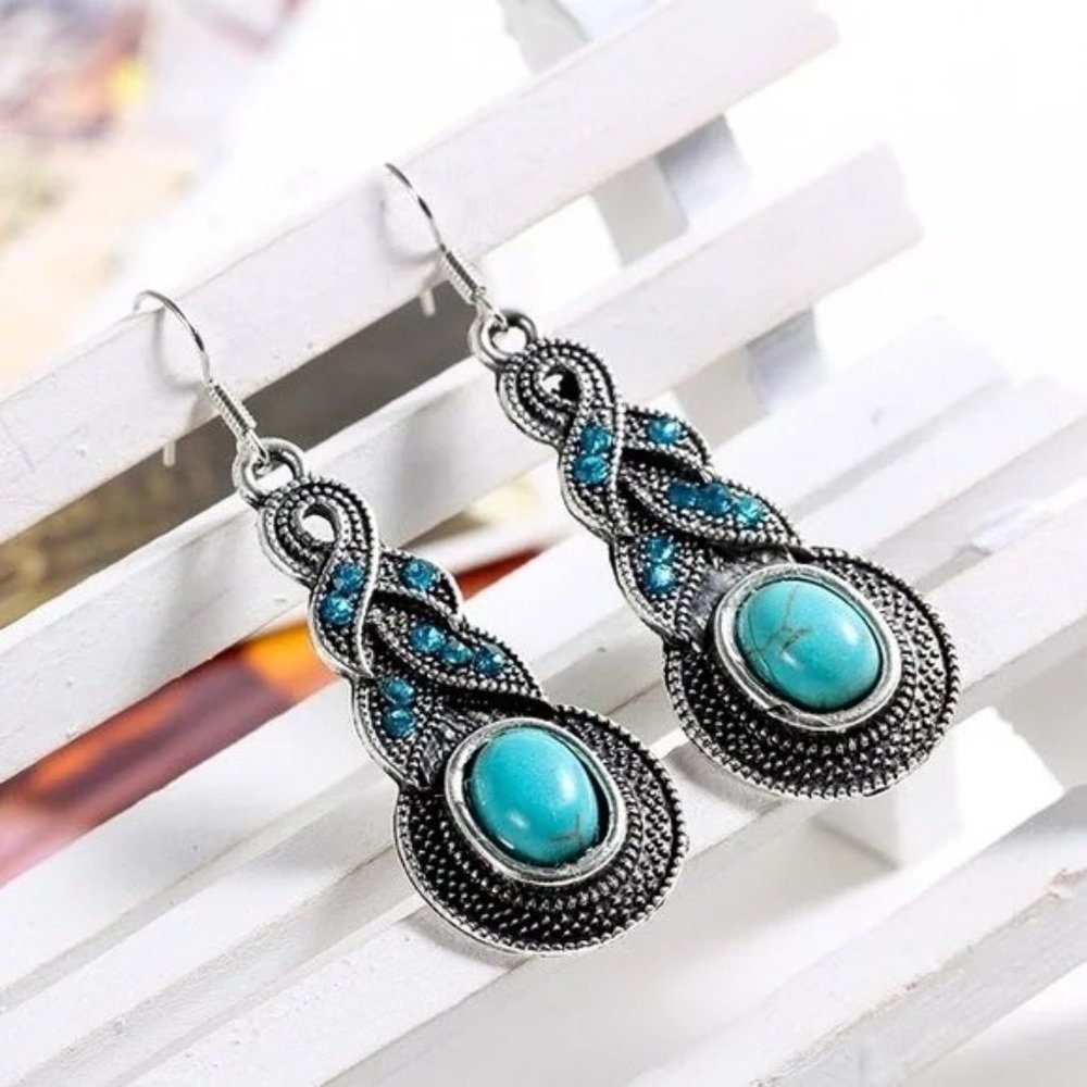 VINTAGE TIBETAN SILVER, SAPPHIRE, AND TURQUOISE DANGLE DROP EARRINGS NWT